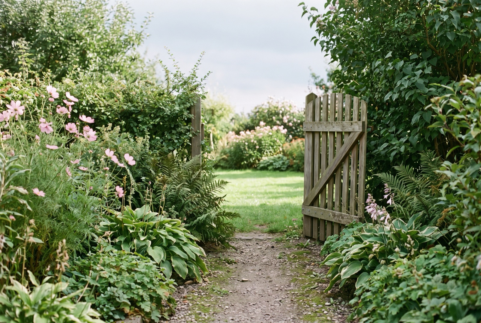 Gartenweg mit halb offener Holzpforte