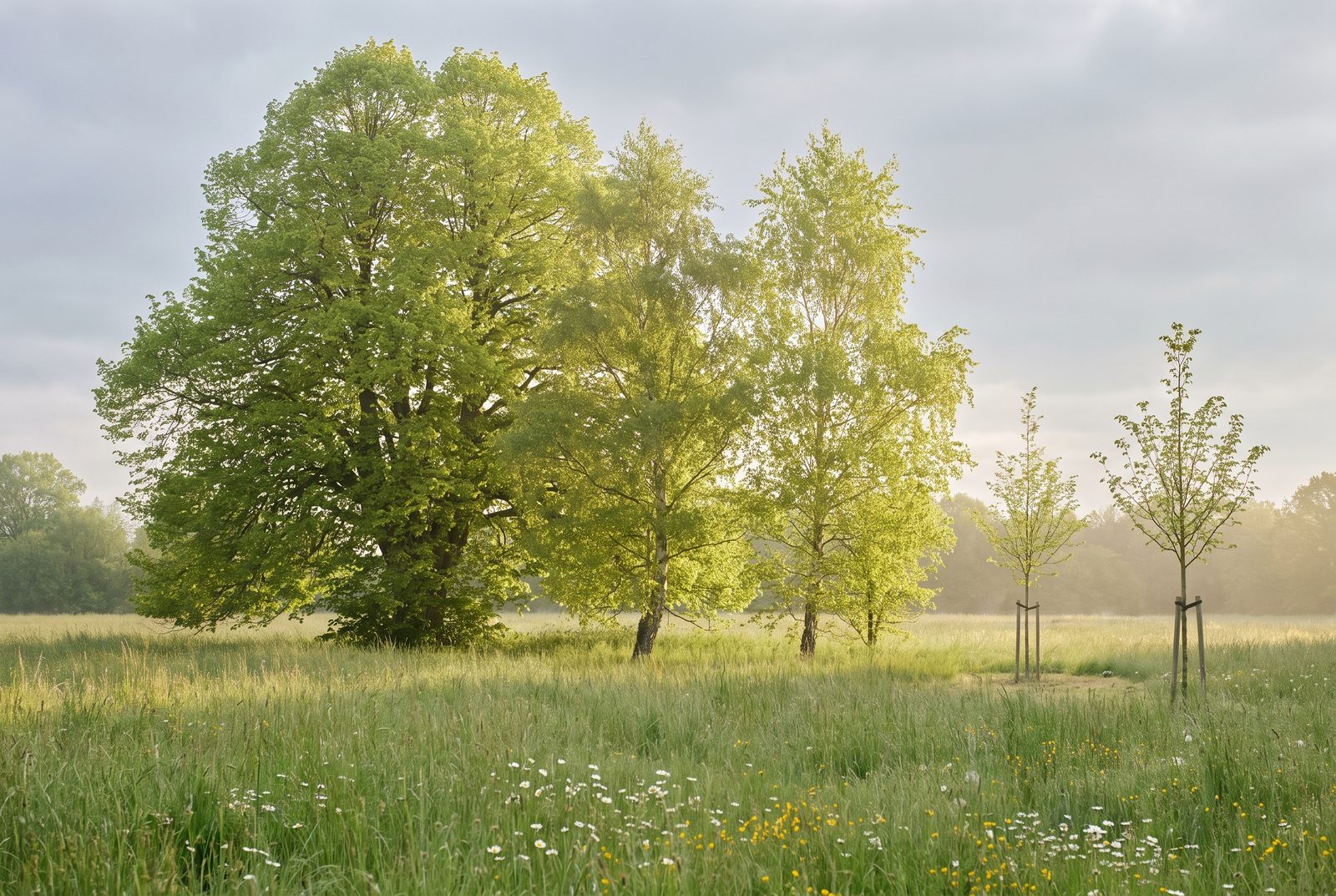 Eine Gruppe Bäume unterschiedlichen Alters auf einer blühenden Wiese im Morgendunst
